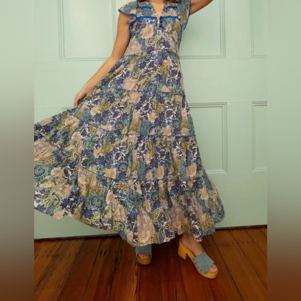 Anna Cate Louisa Garden Party Maxi Dress Tiered Ruffle flutter Sz S Tuckernuck